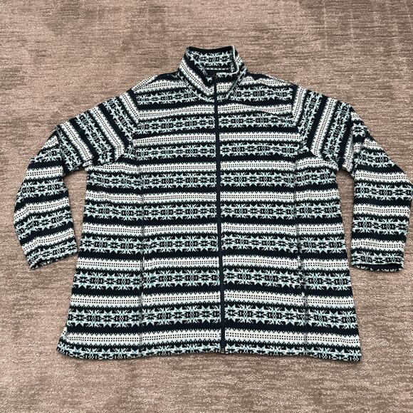 Lands' End Fleece Jacket Womens 2X Blue White Teal Fair Isle Snowflake Full Zip - Picture 1 of 7